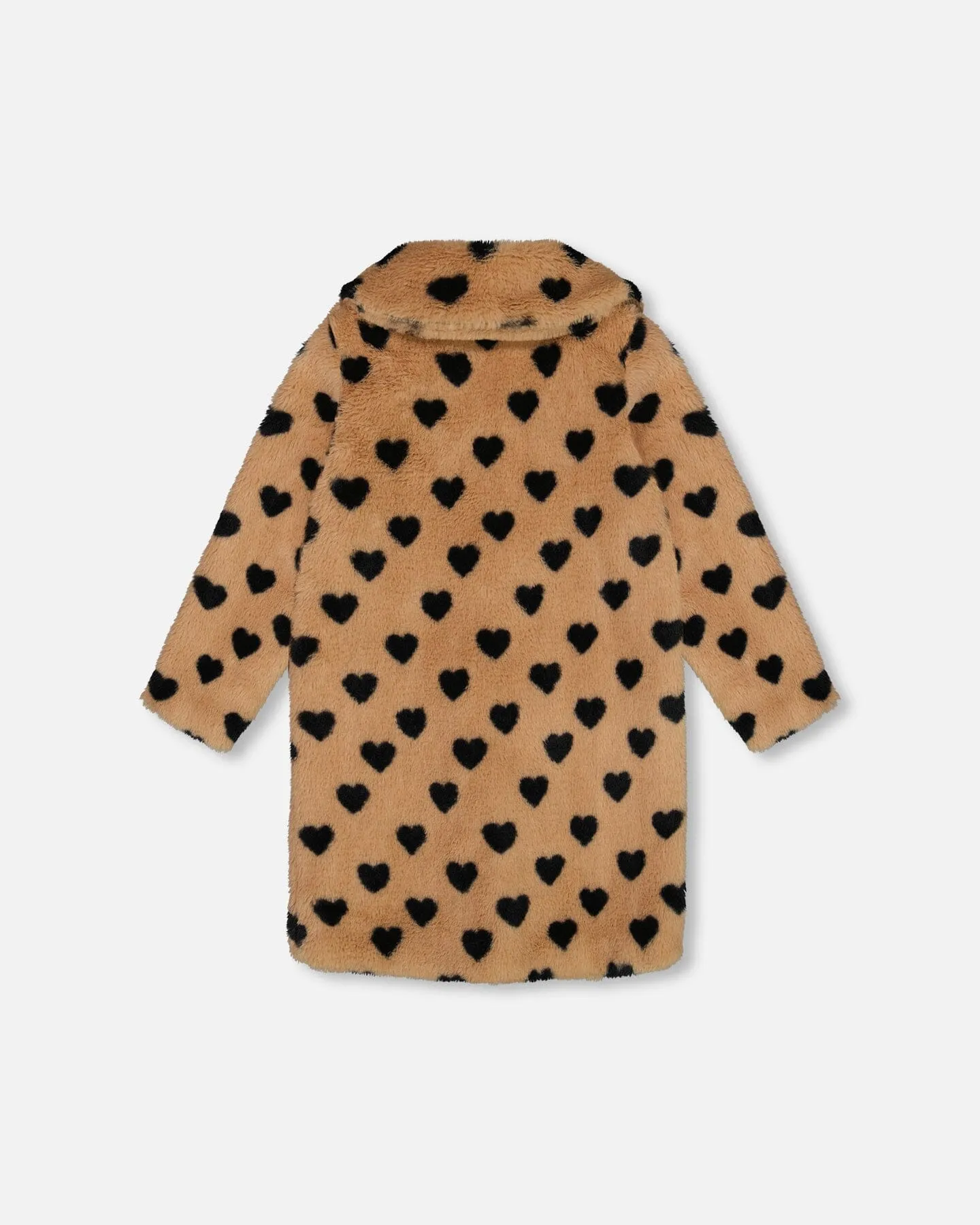 Faux Fur Long Coat Caramel Printed Heart