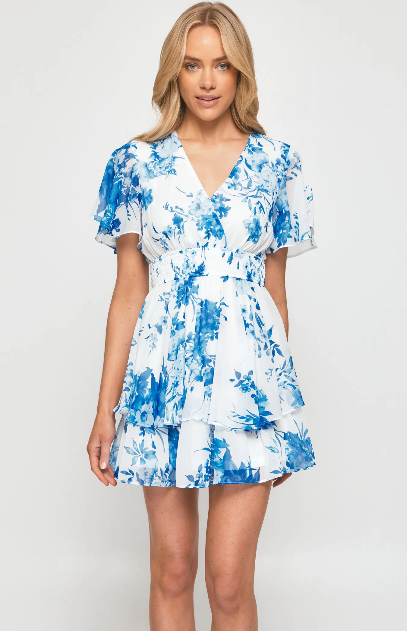 Floral Shirred Waist Layered Hem Chiffon Dress (SDR1149-2A)