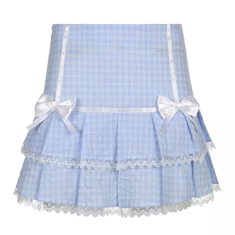 Fresh blue bow lace plaid skirt BY4097