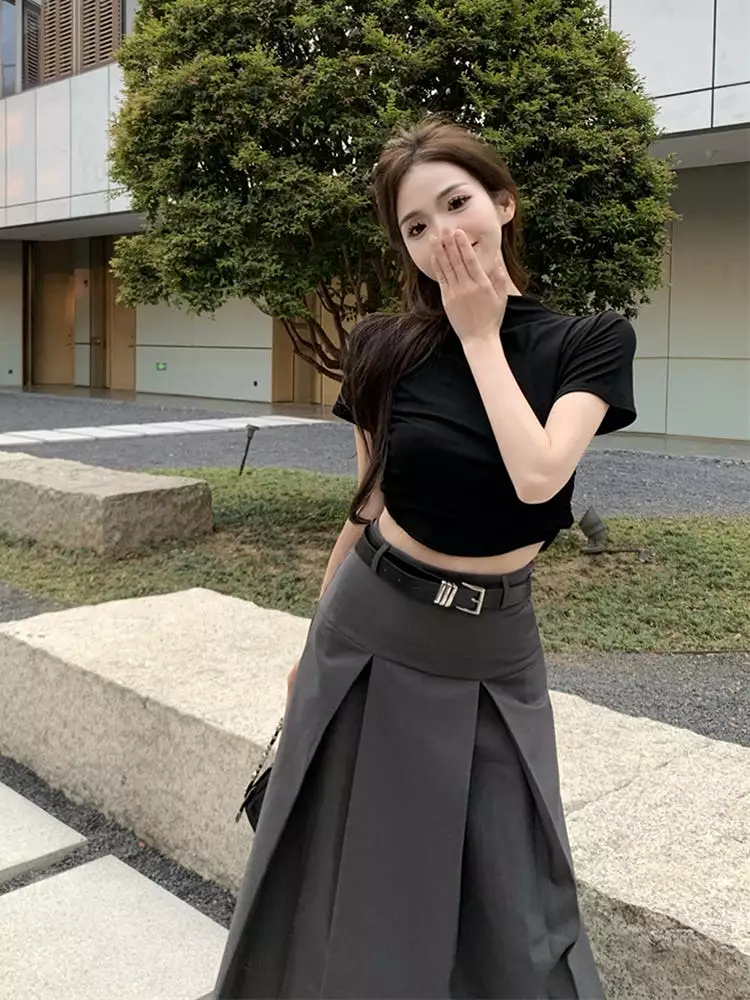 Gray Long Skirt Korean Fashion ON963