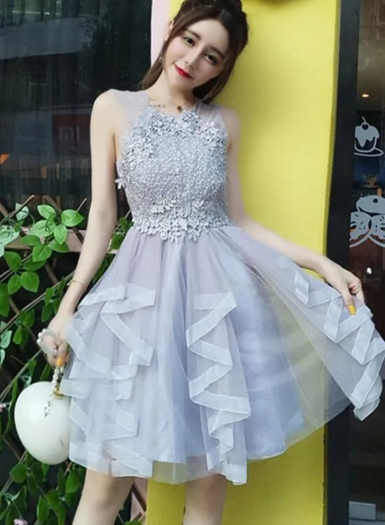 Grey Tulle and Applique O neckline Party Dress, Grey Women Dress, Homecoming Dress for Sale