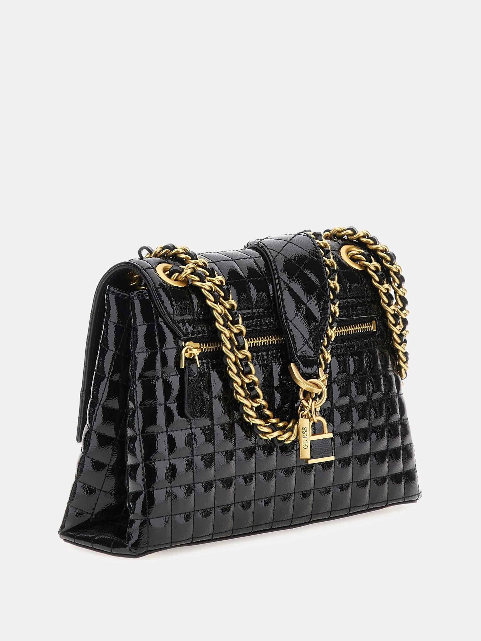 GUESS TIA QUILTED PATENT FLAP CROSSBODY