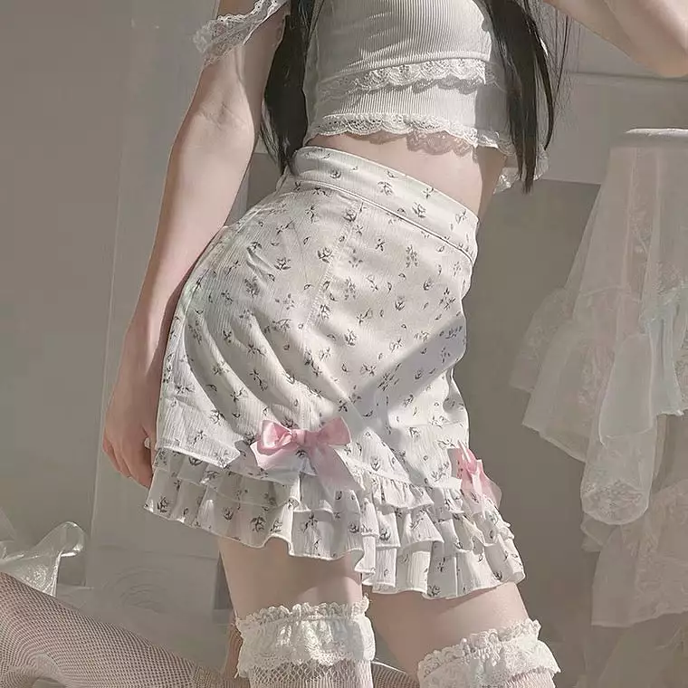 Ins sweet floral lace bow skirt BY2016