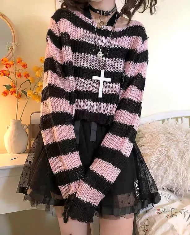 JAPANESE CUTE PUNK STRIPE KNIT SWEATER & SKIRT BY90031