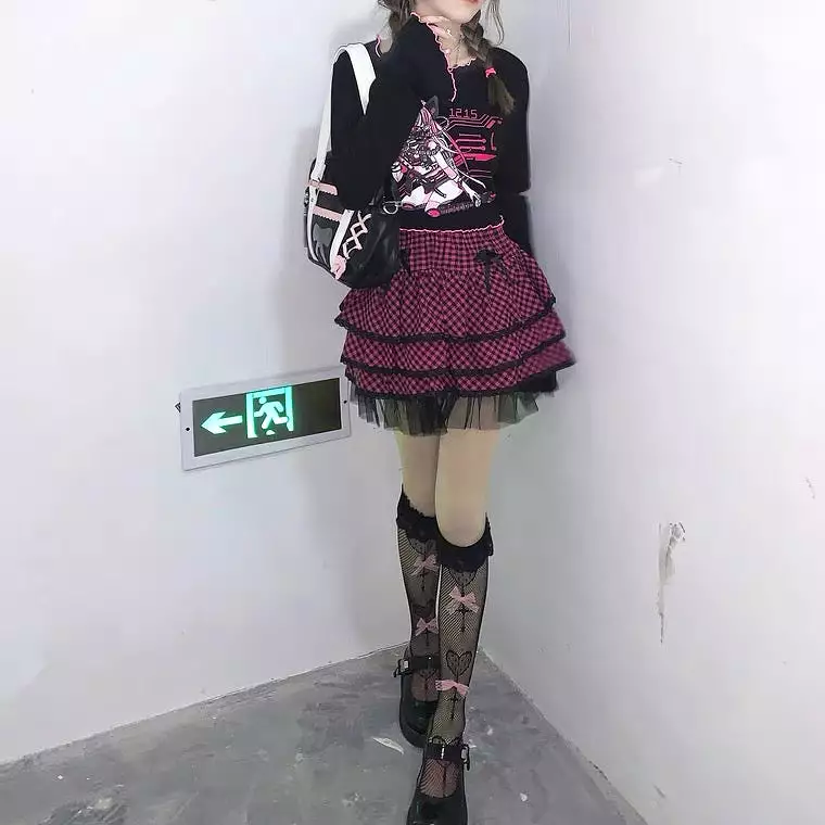 JAPANESE HOT GIRL PUNK PLAID LACE CAKE SKIRT BY90131