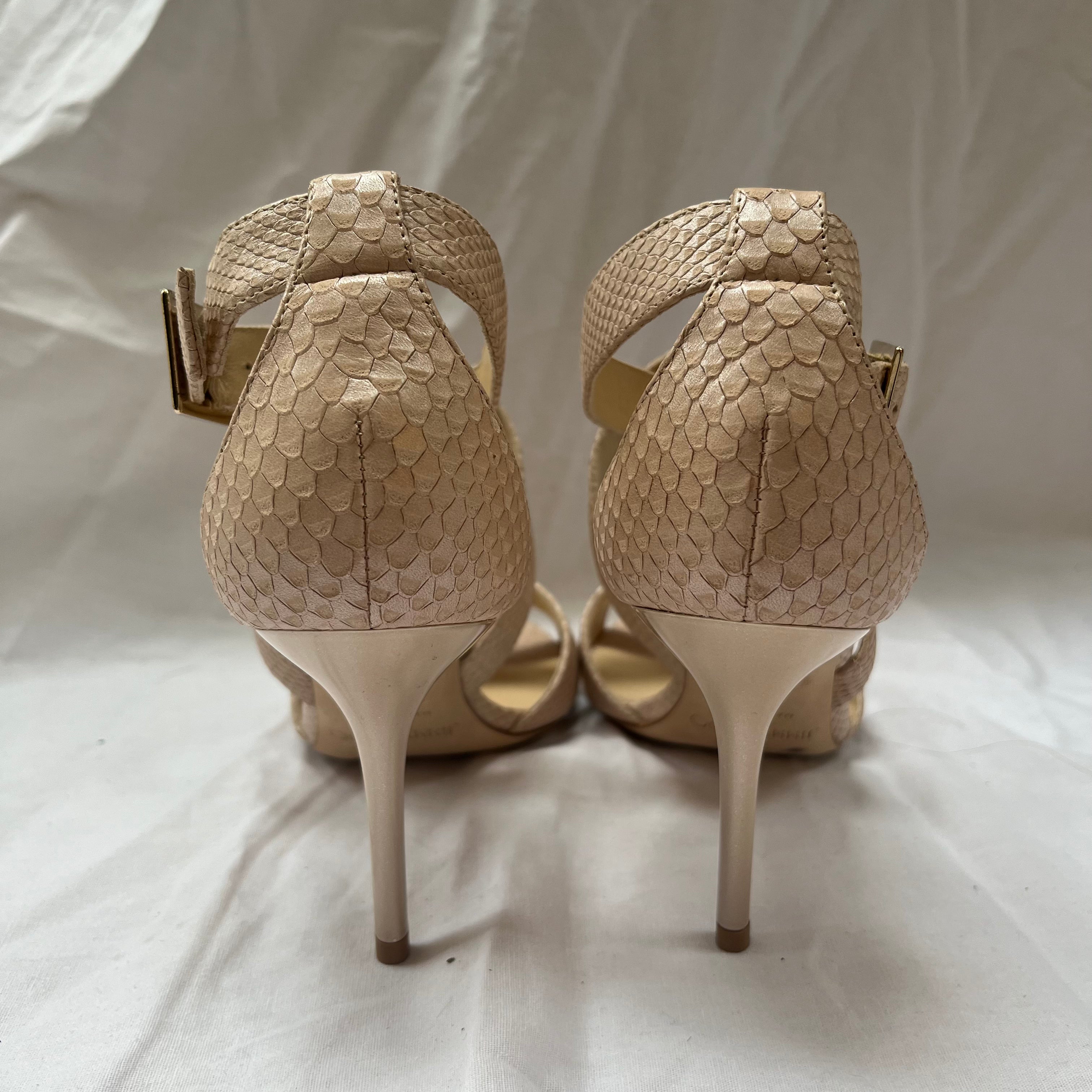 Jimmy Choo 475 Nude Pearl Printed Leather Louise Sandals 37.5