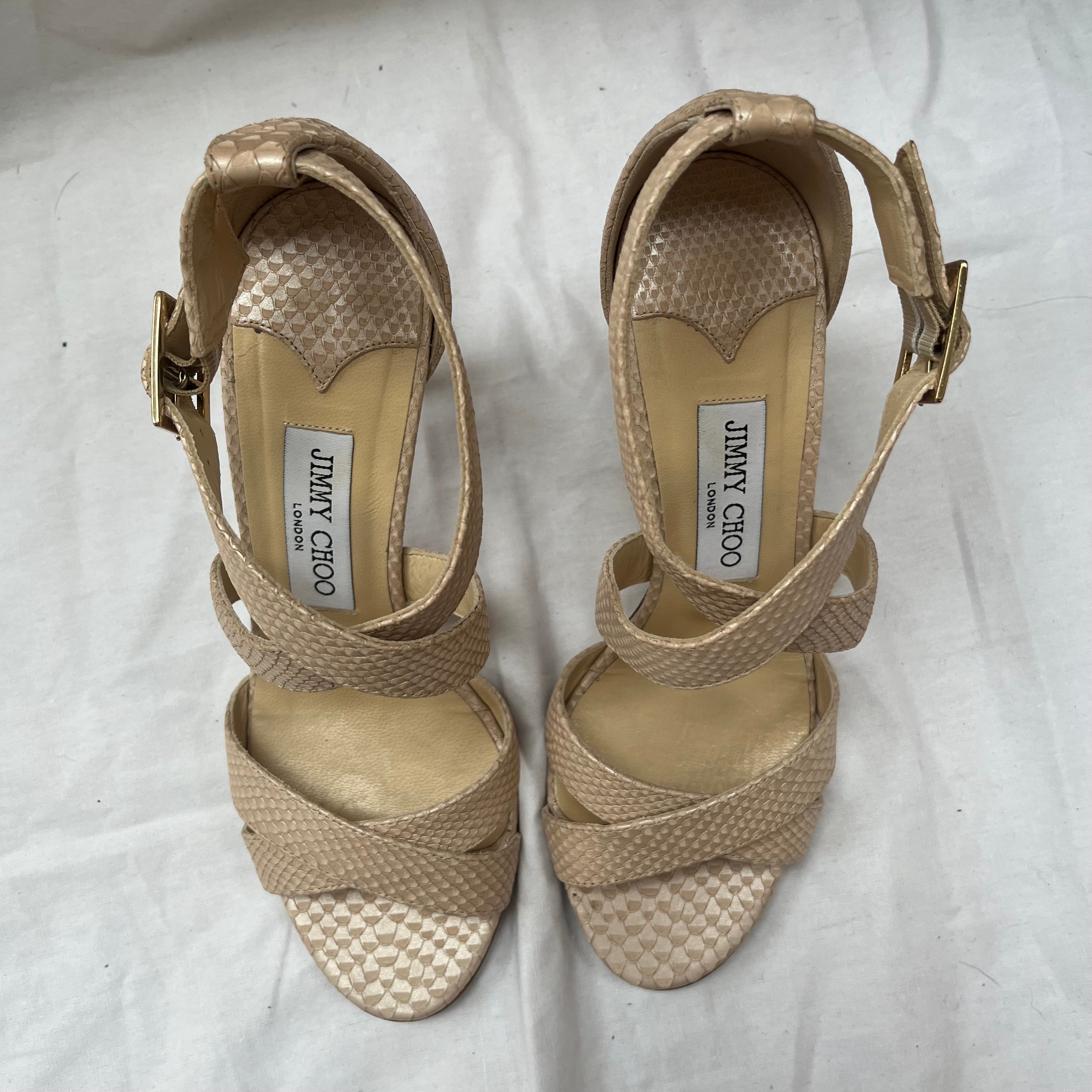 Jimmy Choo 475 Nude Pearl Printed Leather Louise Sandals 37.5