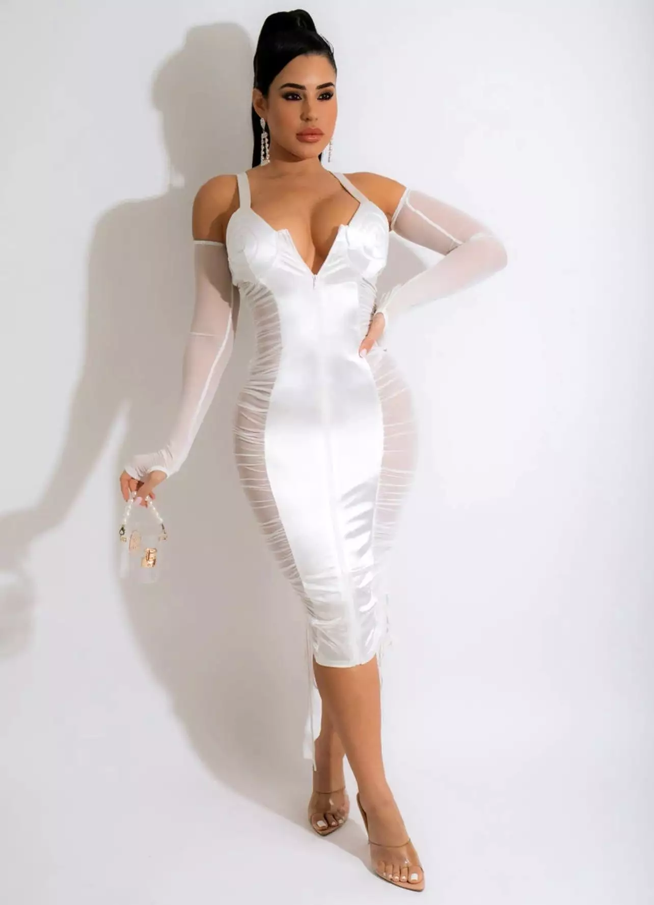 Kamala All White Satin and Mesh Dress