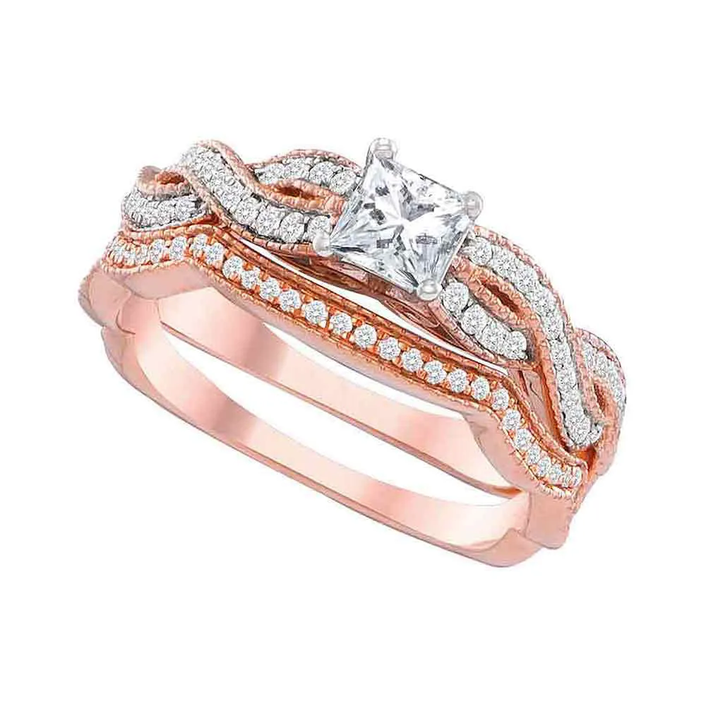 Keene Jewelers 14kt Rose Gold Princess Diamond Bridal Wedding Ring Band Set 3/4 Cttw