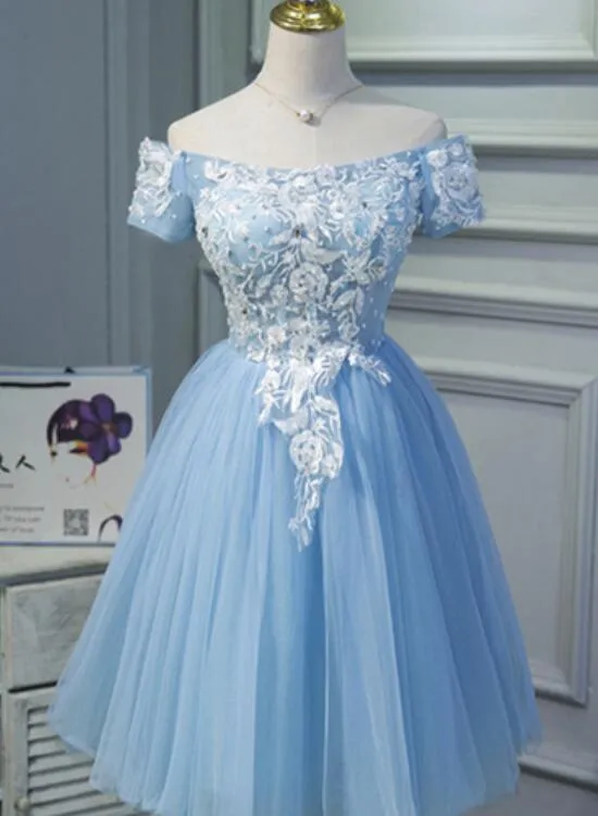 Light Blue Tulle Homecoming Dress,Appliques Graduation Dress , Off Shoulder Party Dress