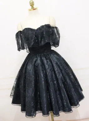 Lovely Black Off Shoulder Lace Short Party Dress, Black Homecoming Dress