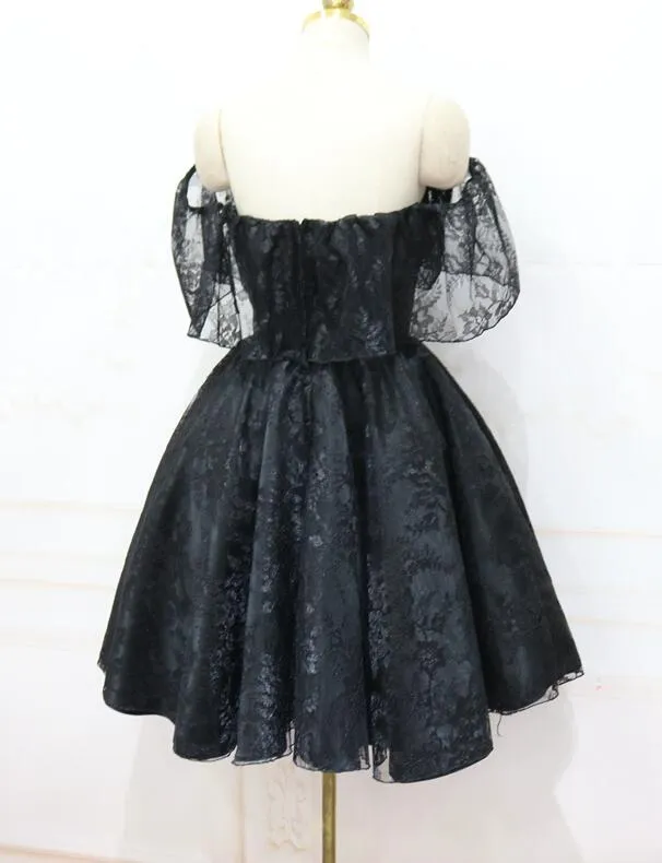 Lovely Black Off Shoulder Lace Short Party Dress, Black Homecoming Dress