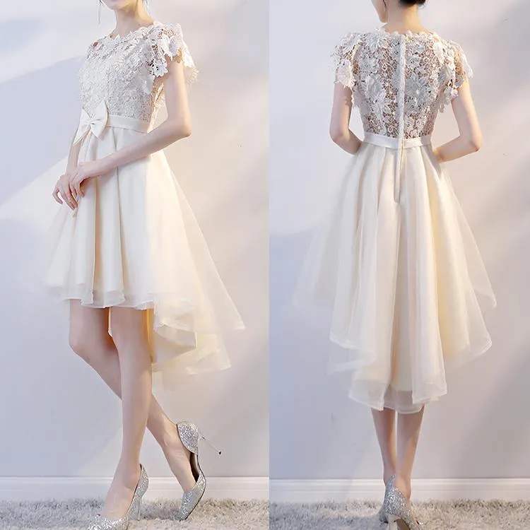 Lovely Champagne Tulle High Low Party Dress, Cute Lace Homecoming Dress with Bow