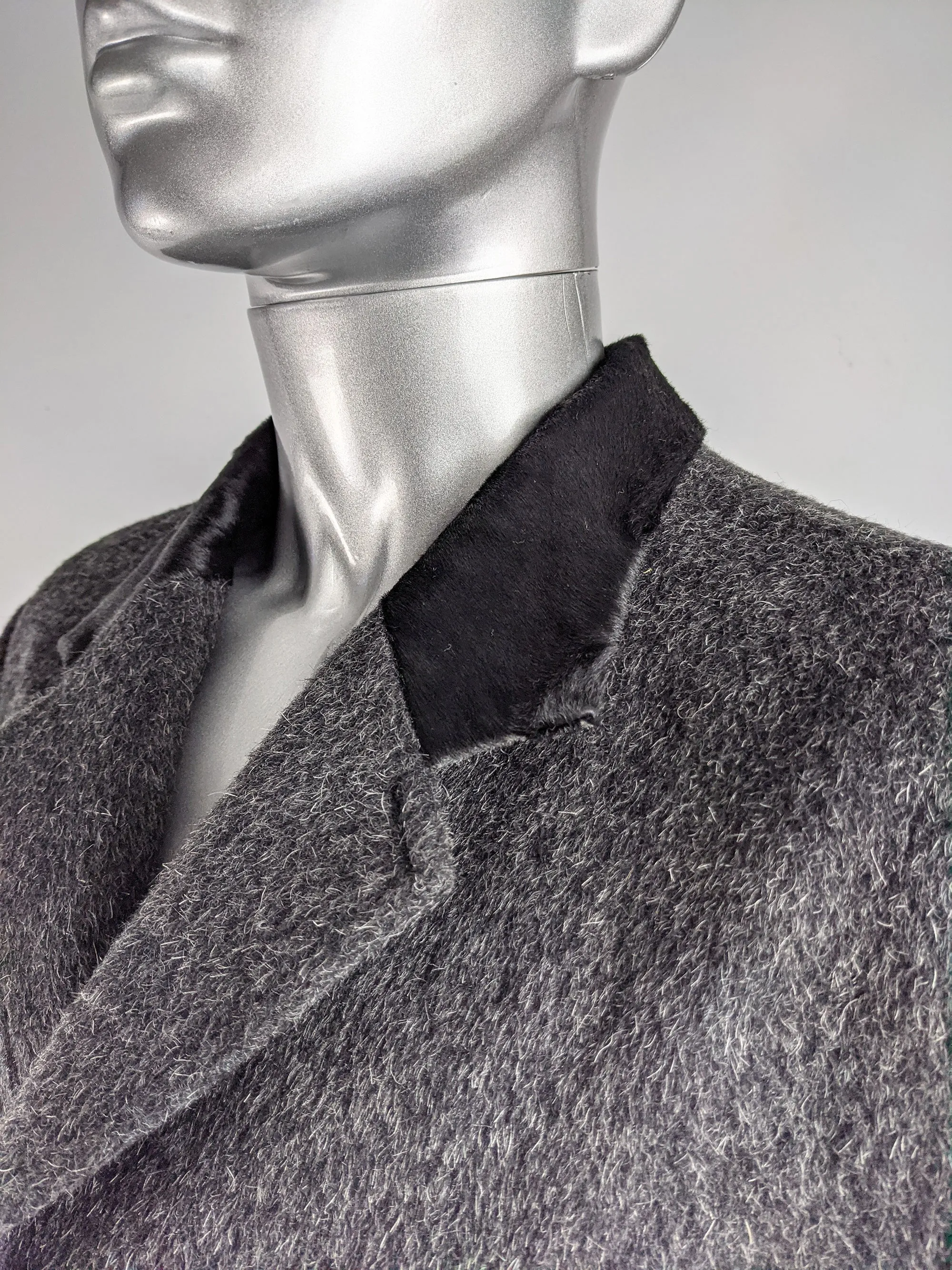 Mens Vintage Grey Wool & Ponyskin Chesterfield Coat, 1990s