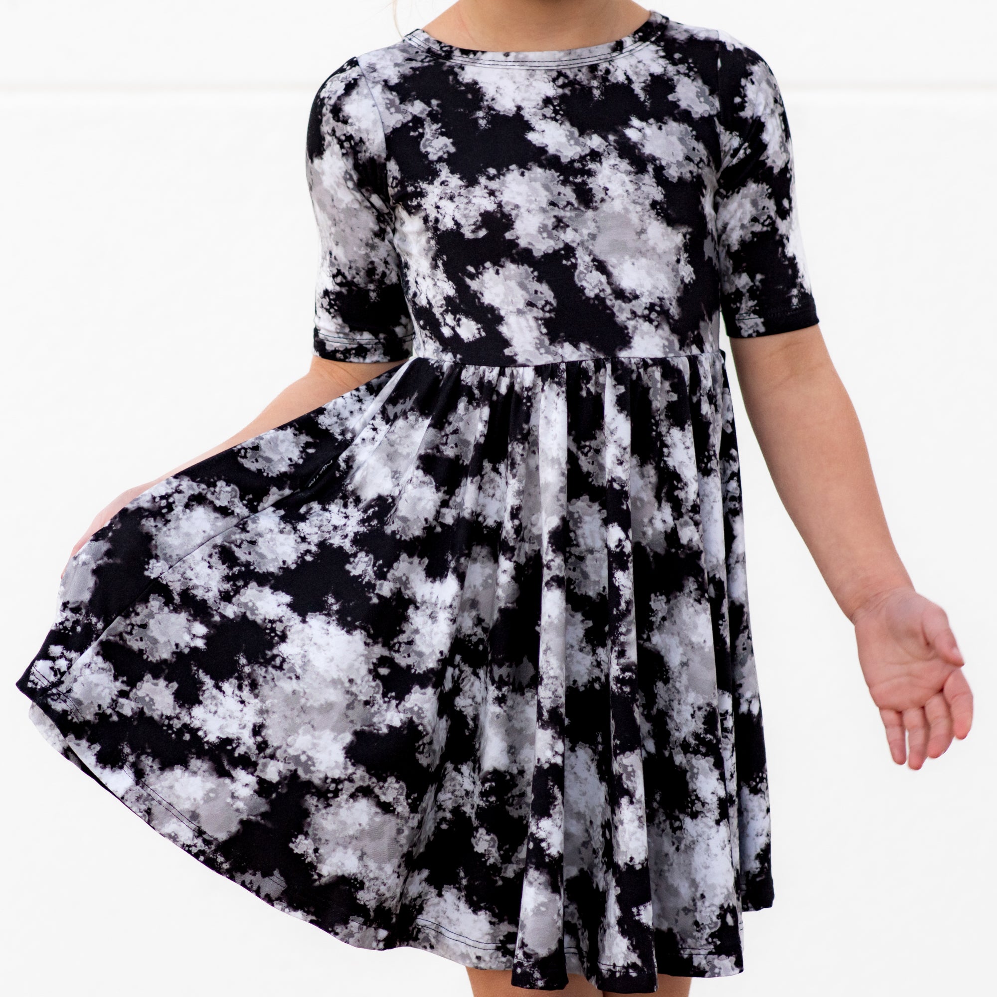 MID SLEEVE TWIRL DRESS- Black Tie Dye