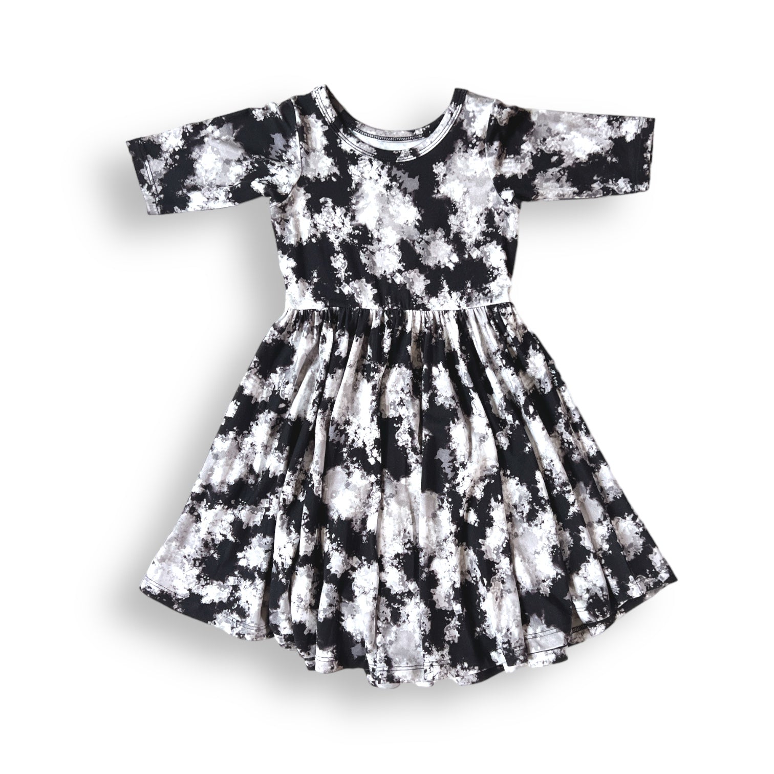 MID SLEEVE TWIRL DRESS- Black Tie Dye