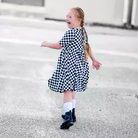 MID SLEEVE TWIRL DRESS- B+W Check