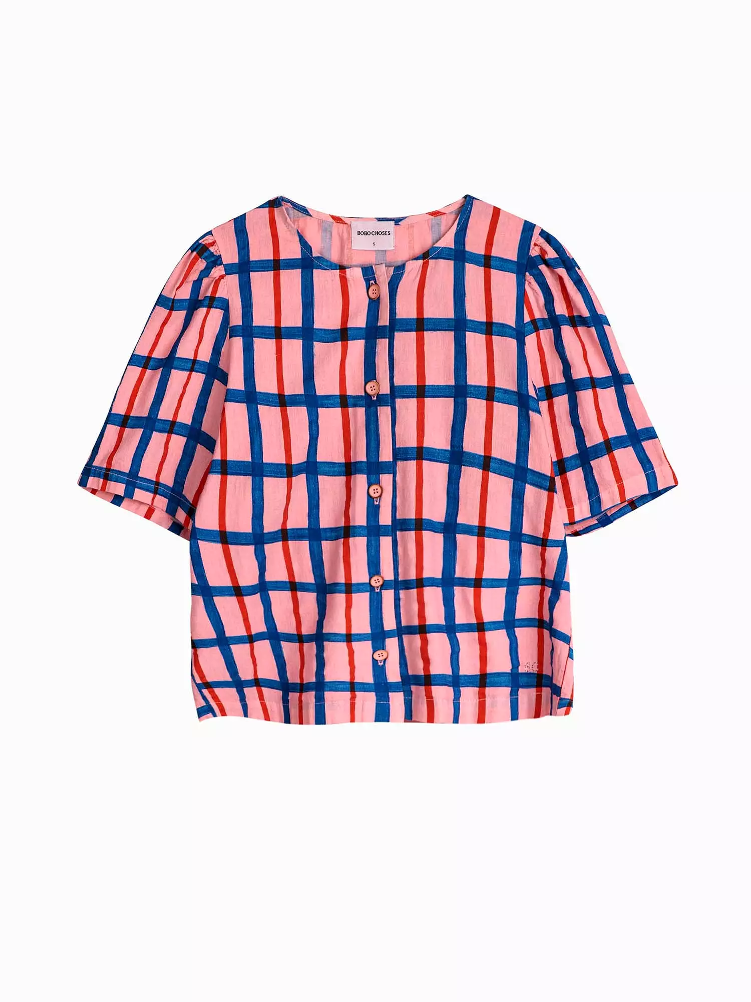 Multicoloured Check Print Puff Sleeve Buttoned Shirt