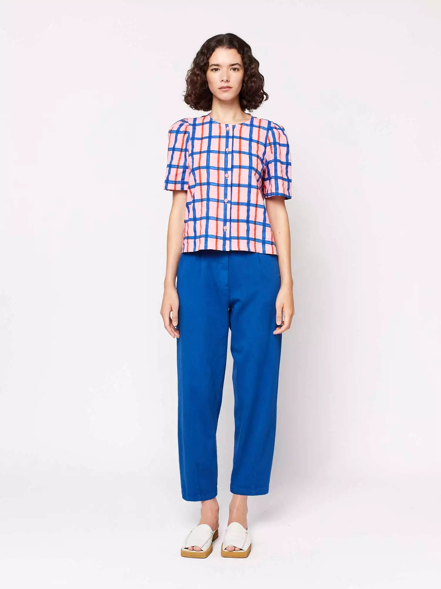 Multicoloured Check Print Puff Sleeve Buttoned Shirt