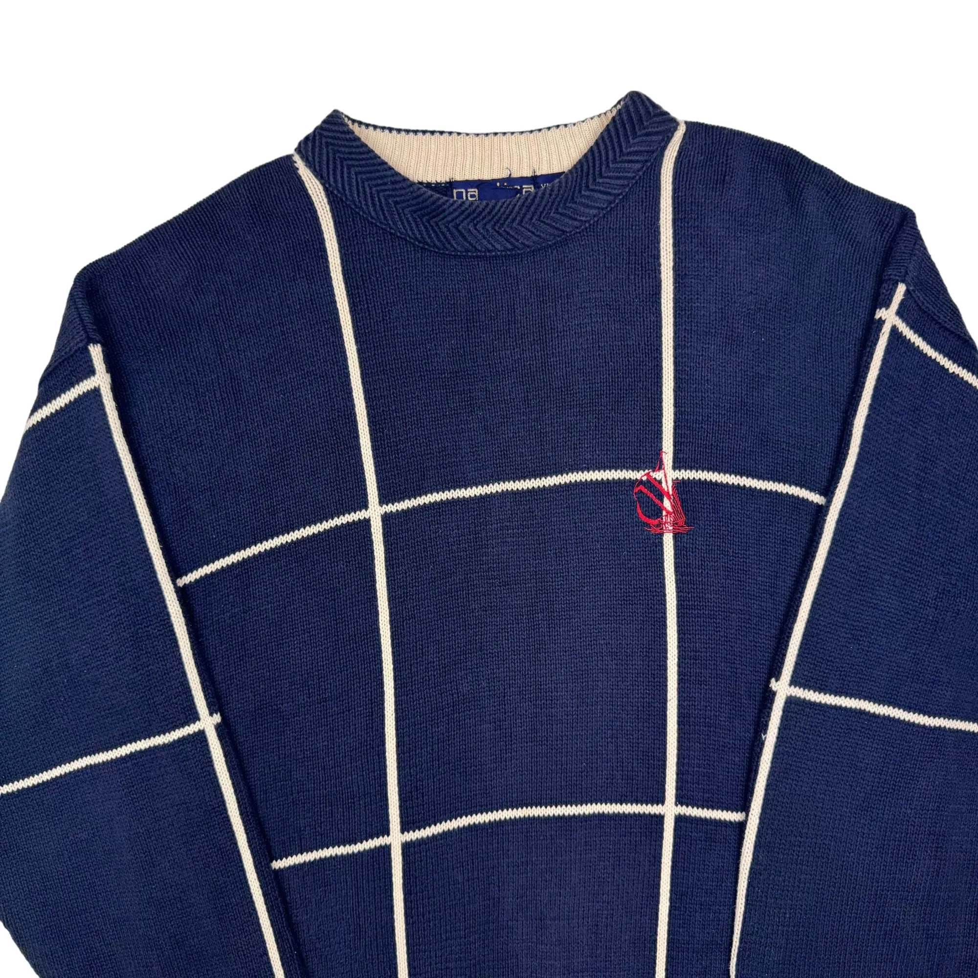 Nautica Checkered Heavyweight Knit Sweater Navy Blue