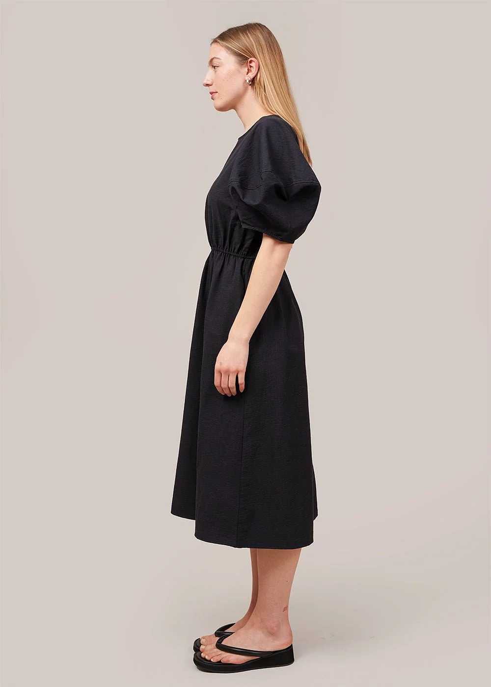 Navy Balloon Sleeve Midi Dress