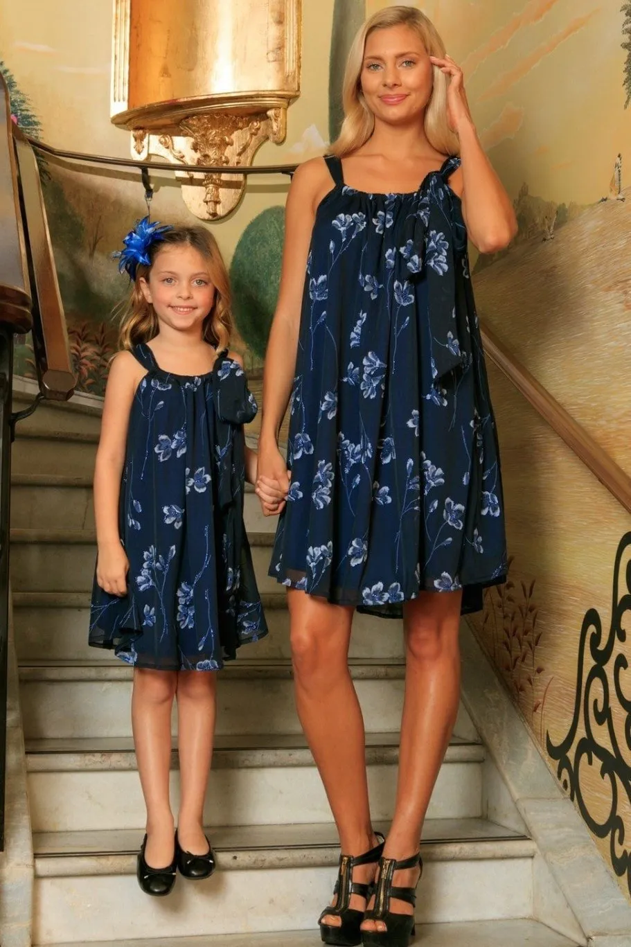 Navy Blue Floral Lace Halter Swing Trendy Party Mommy and Me Dress