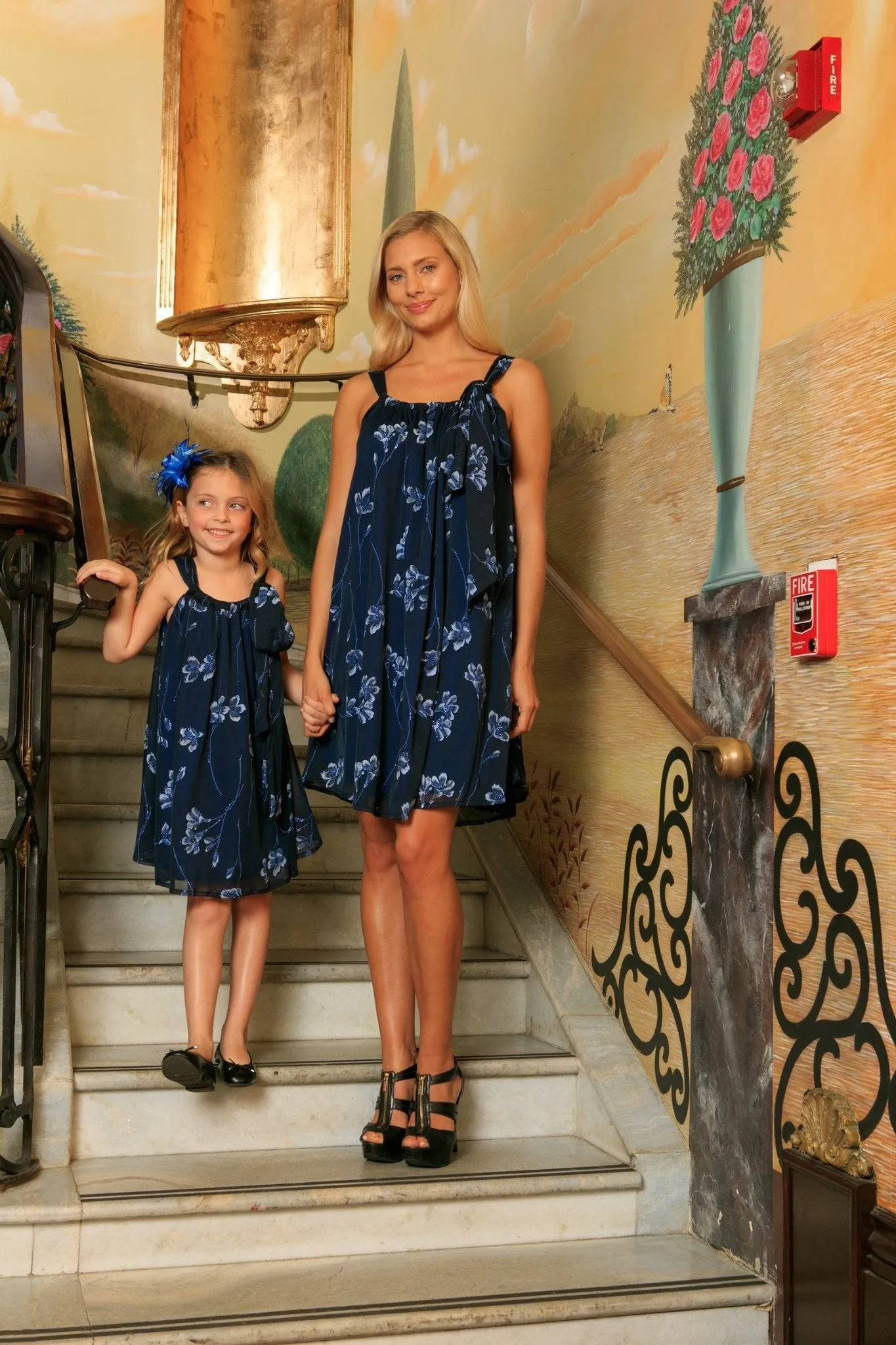 Navy Blue Floral Lace Halter Swing Trendy Party Mommy and Me Dress