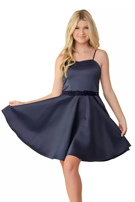 Navy Satin Fit and Flare Dress