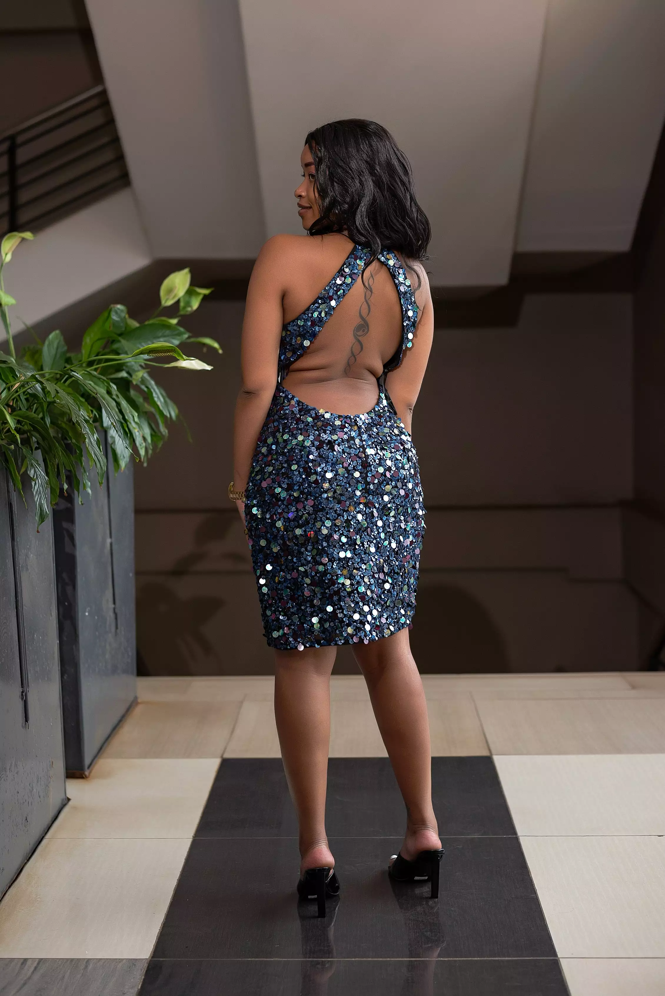 Navy sequence bare back dress