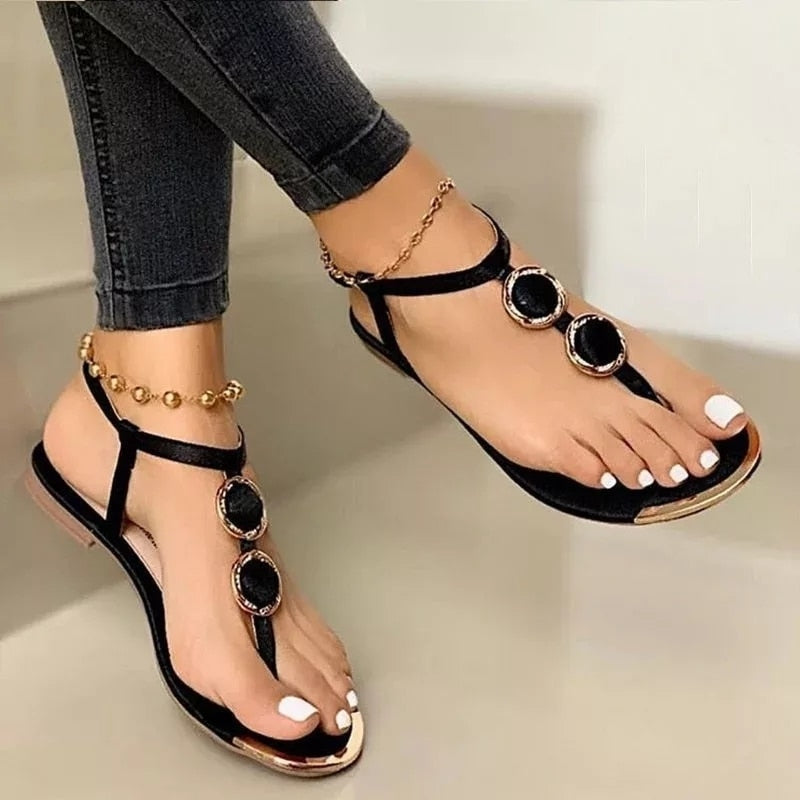 New Summer Flip Flop Sandals Metal Decoration Ladies Flat Shoes