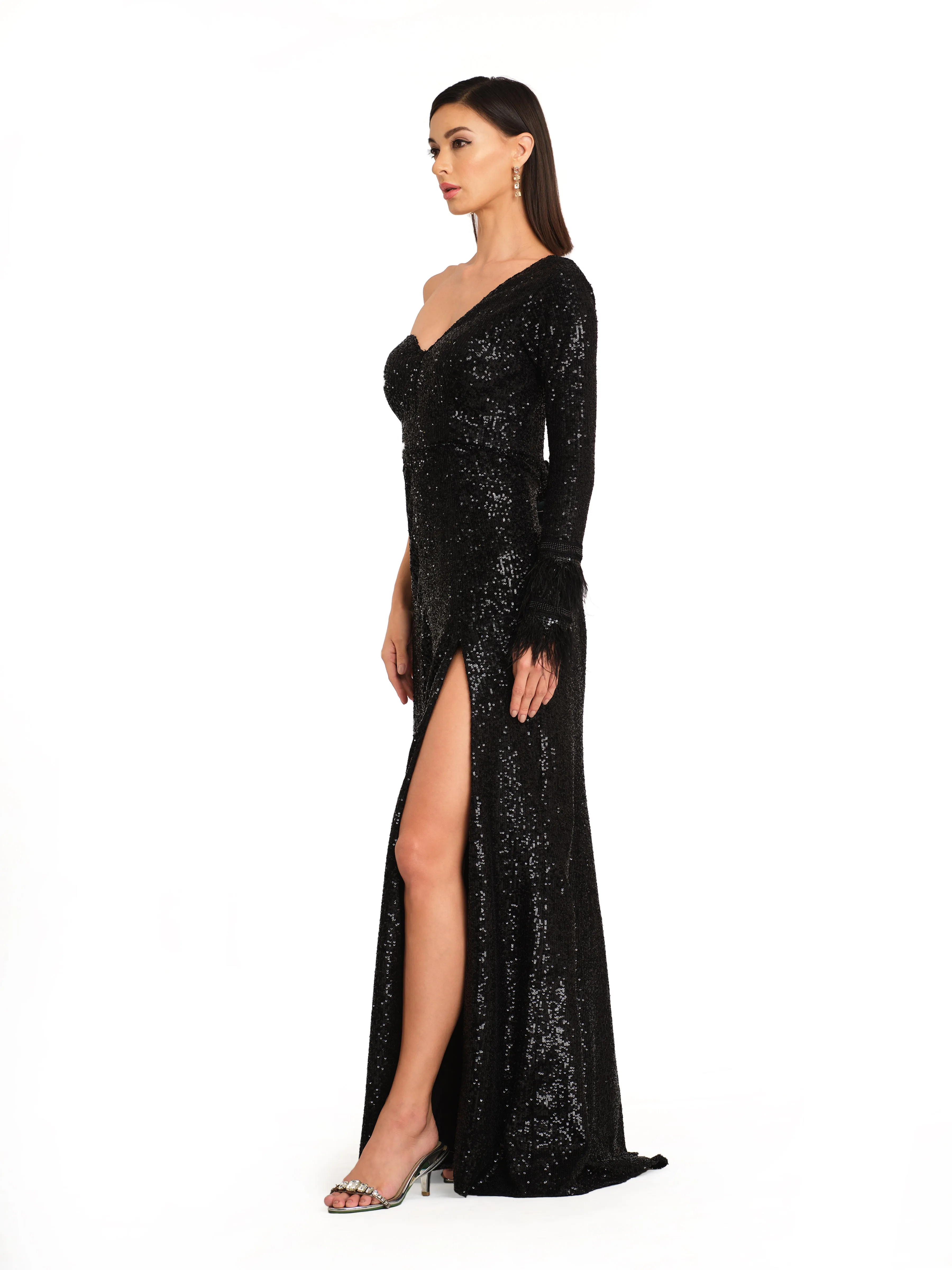 Off Shoulder Gown with Feather Detailing on sleeve cuff