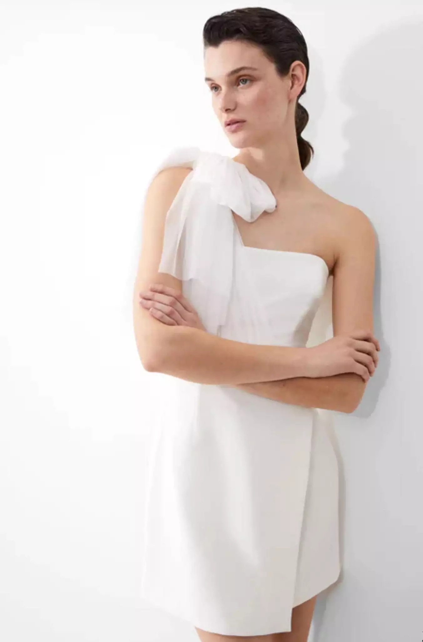 One Sleeve Organza Tie White Dress