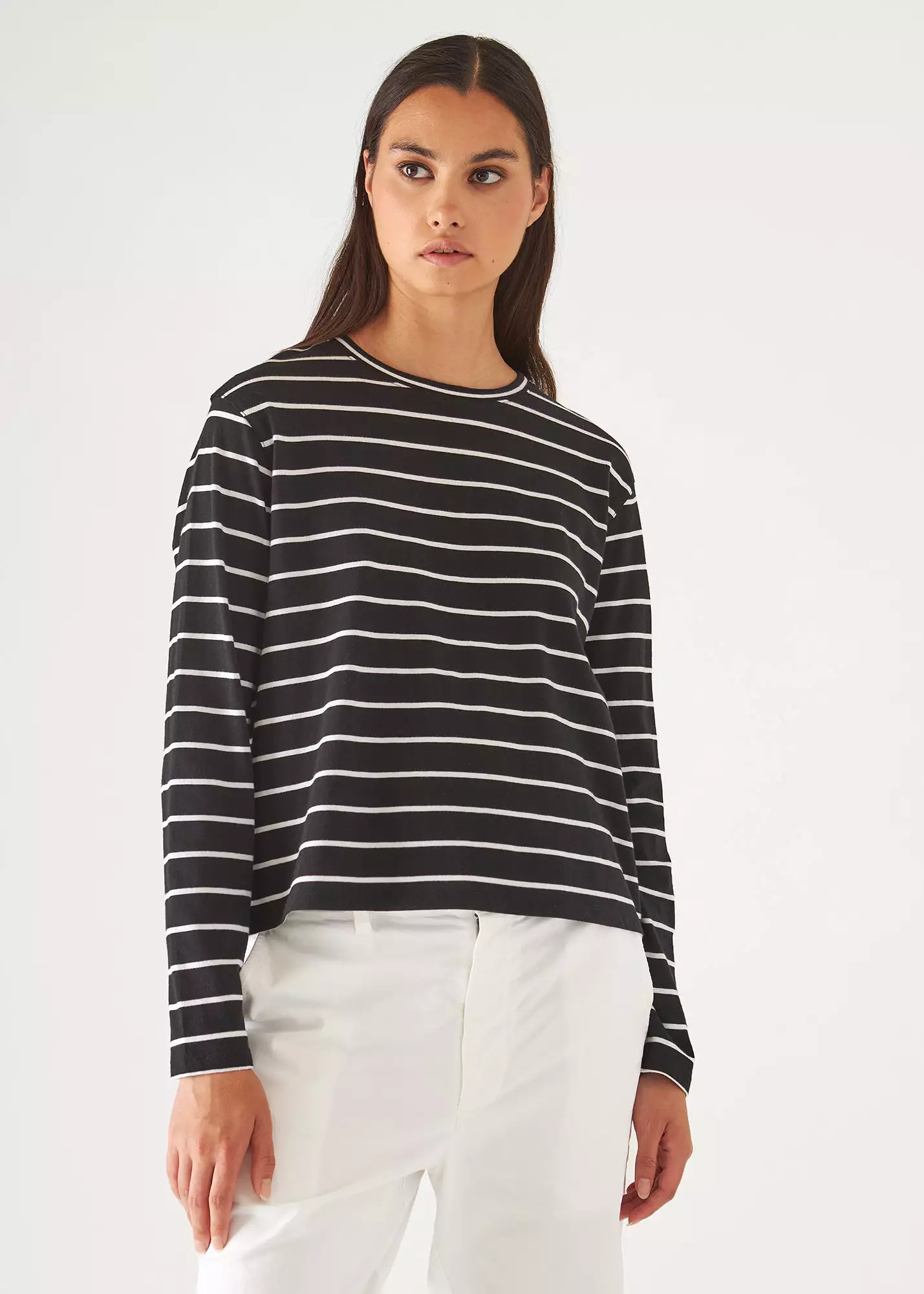 ORGANIC PIMA COTTON STRIPE BOYFRIEND LONG SLEEVE CREW