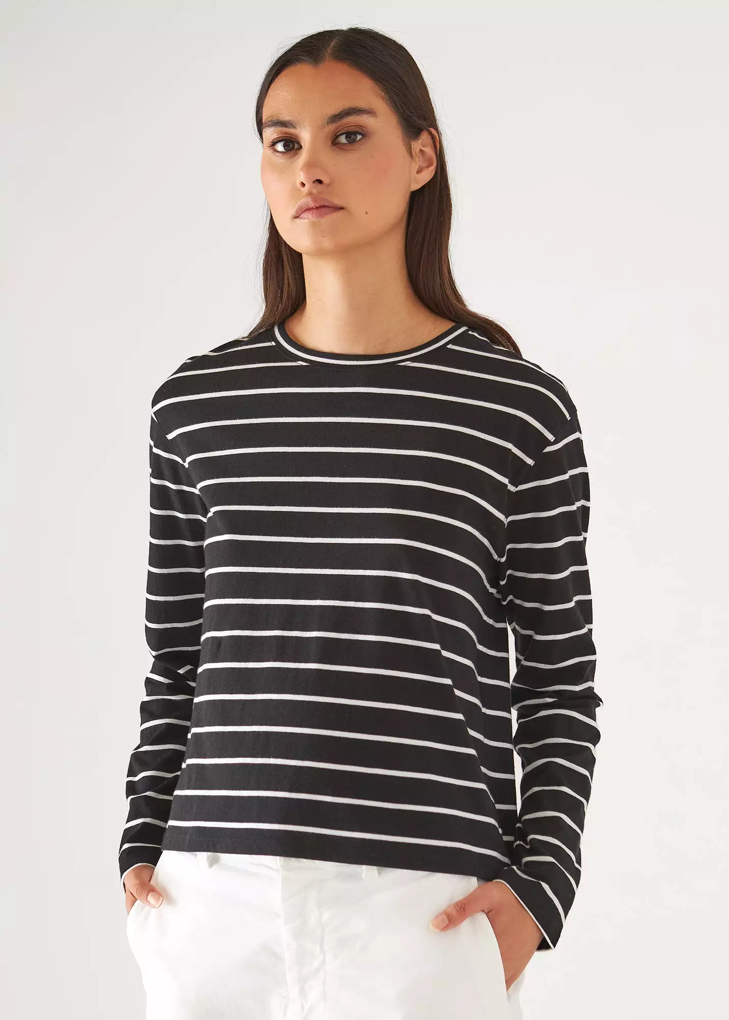 ORGANIC PIMA COTTON STRIPE BOYFRIEND LONG SLEEVE CREW