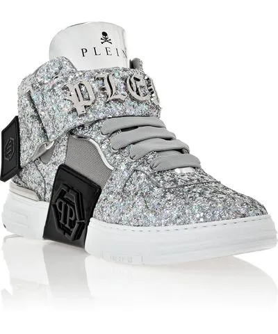 Philipp Plein Patent Leather Mid-Top Sneakers with Glitter Gothic Plein