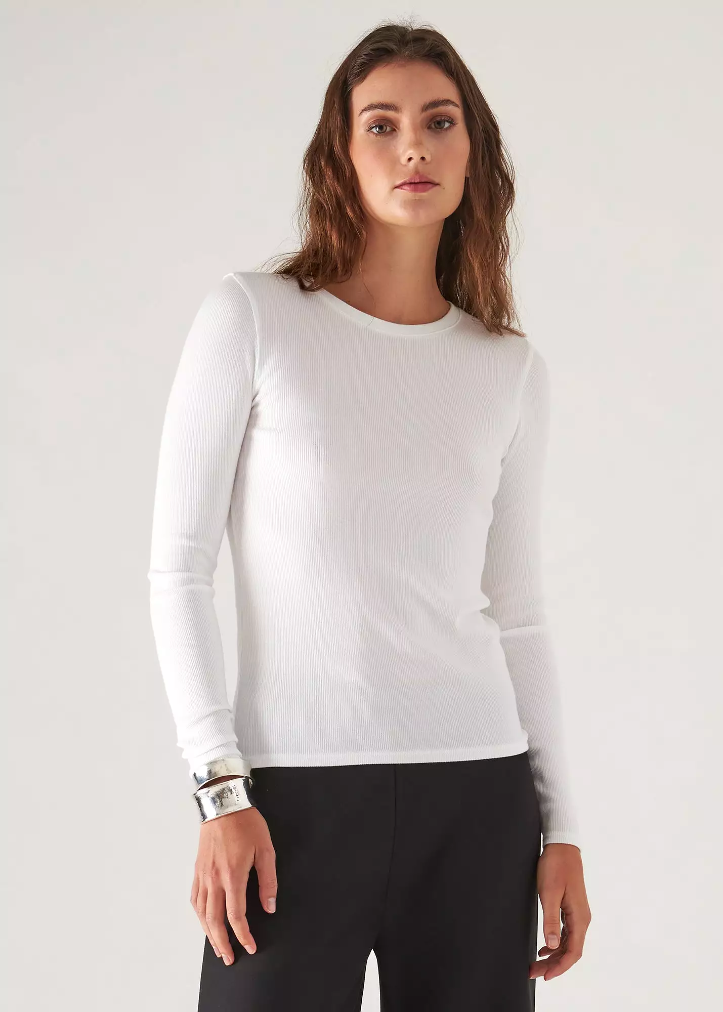 PIMA COTTON STRETCH RIBBED LONG SLEEVE CREW NECK T-SHIRT