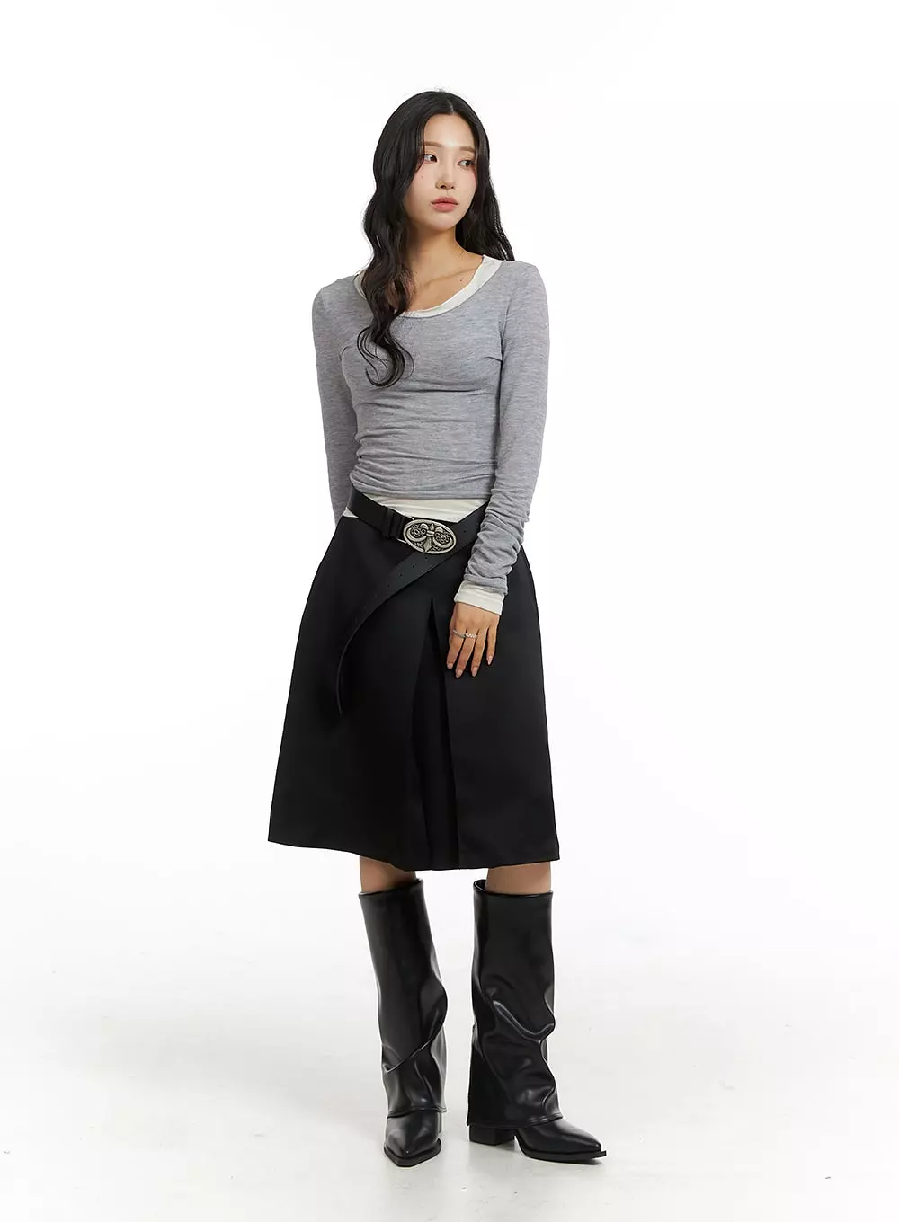 Pleated Mid-Length Solid Skirt CJ417