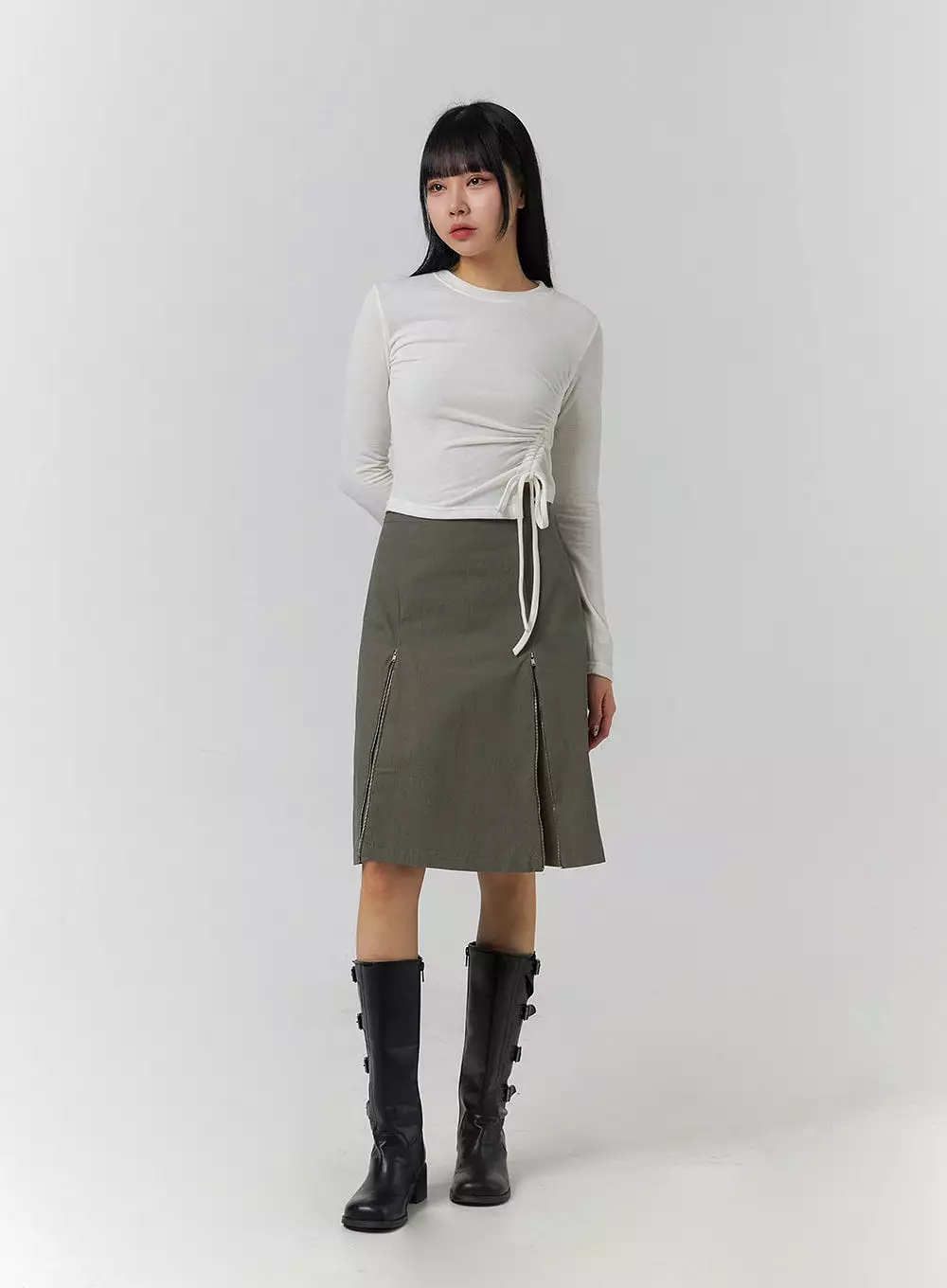 Pleated Zip Up Mid Skirt CJ419