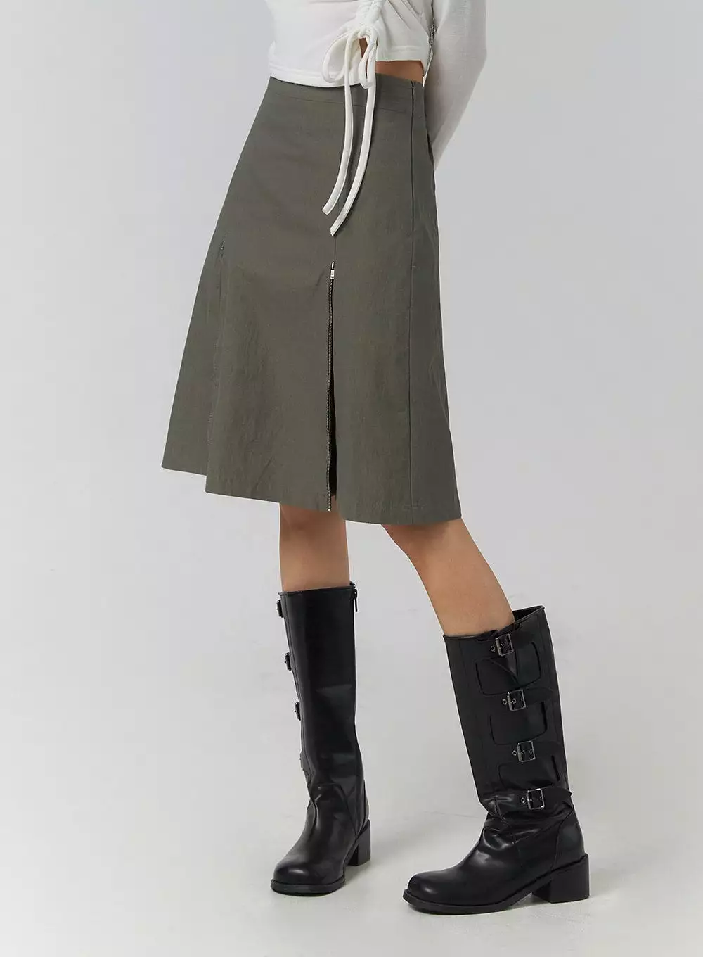 Pleated Zip Up Mid Skirt CJ419