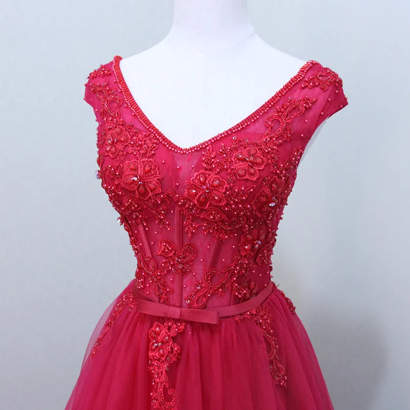 Red V Back Beaded Lace-up with Applique Gorgeous Party Dress, Pretty Formal Dress, Dark Red Party Dress