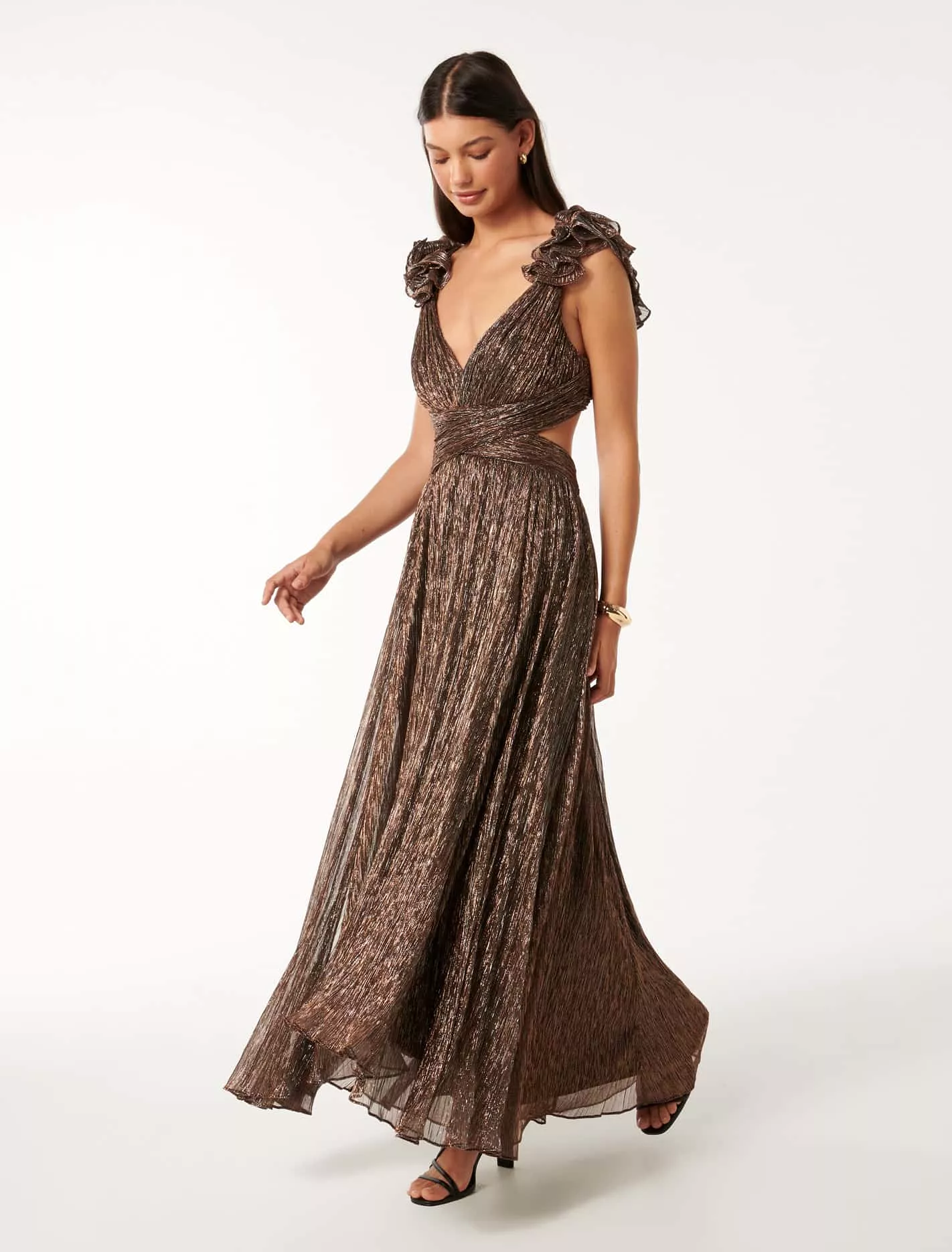 Selena Plisse Ruffle Shoulder Maxi Dress