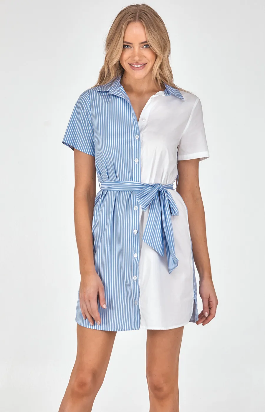 Striped Contrast Panel Shirt Dress (SDR1135B)