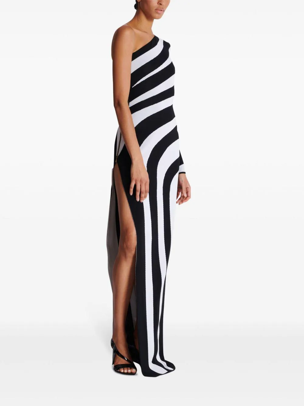 striped one-shoulder gown