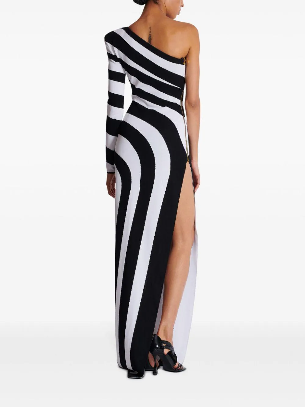 striped one-shoulder gown