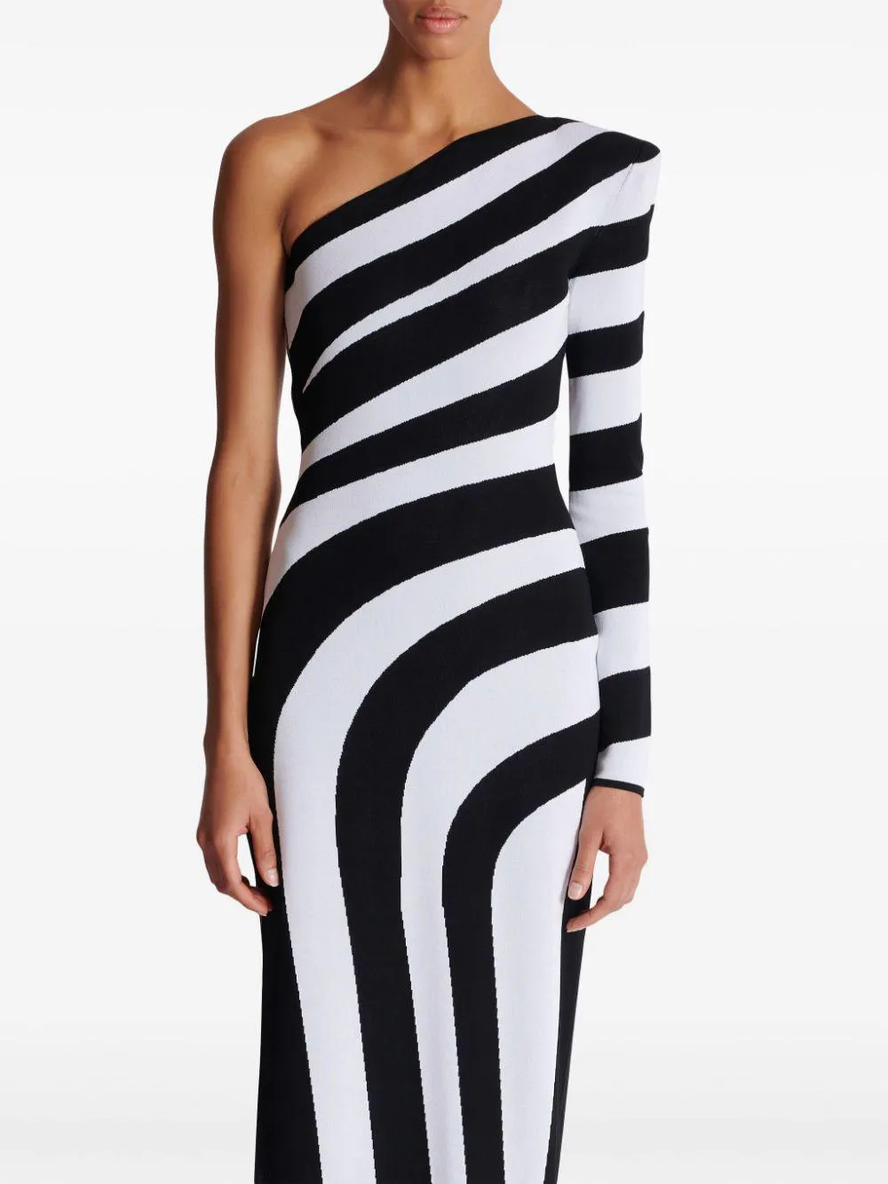 striped one-shoulder gown