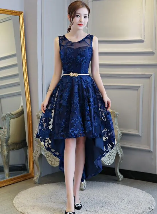 Stylish High Low Lace Navy Blue Party Dress, Bridesmaid Dress