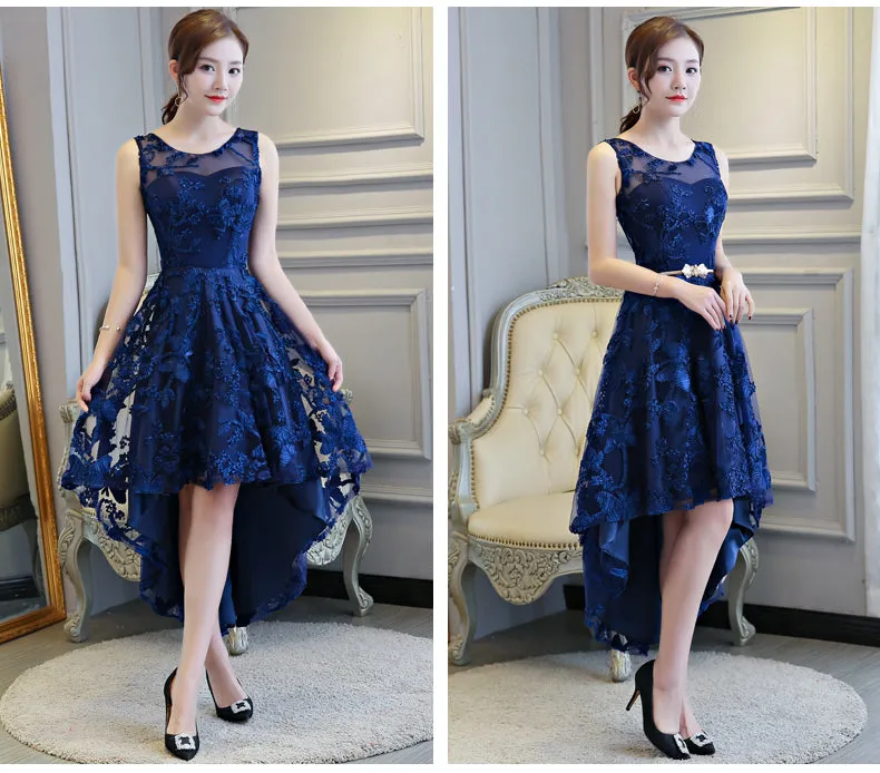 Stylish High Low Lace Navy Blue Party Dress, Bridesmaid Dress