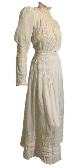 Sweet White Lawn Cotton Pin Tucked Lace Trimmed Garden Party Dress circa 1890s