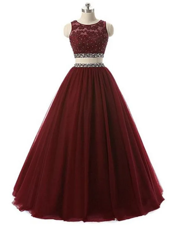 Two Piece Formal Gown, Charming Round Neckline Beaded Party Dress