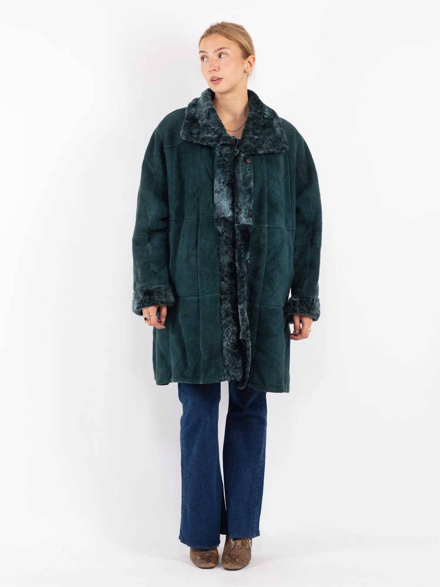 Vintage 70's Women Sheepskin Coat in Teal Blue